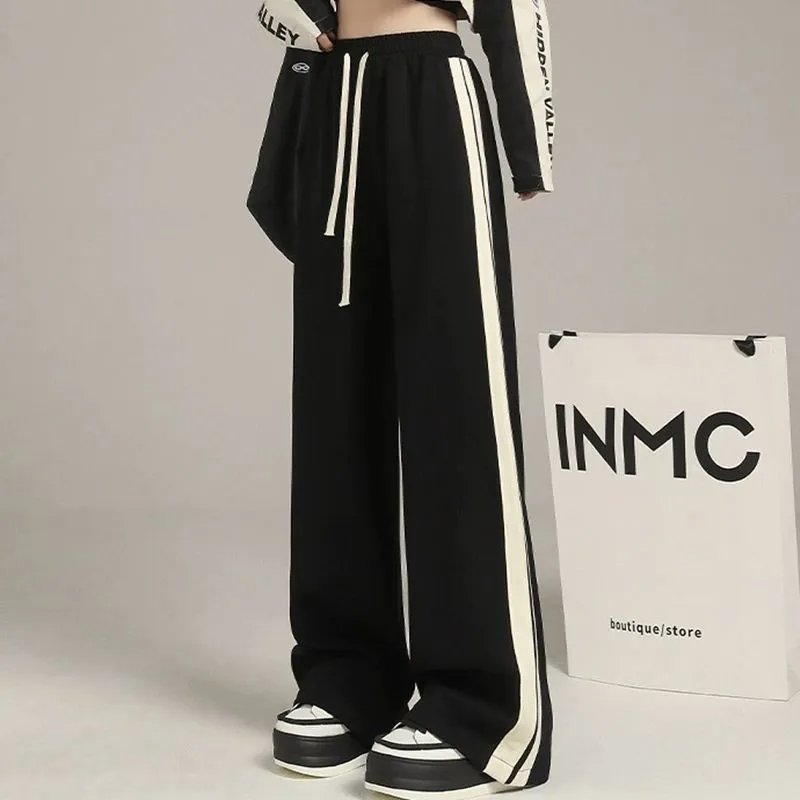 Women Street Fashion Black White Color Blocking Wide Leg Sweat Pants