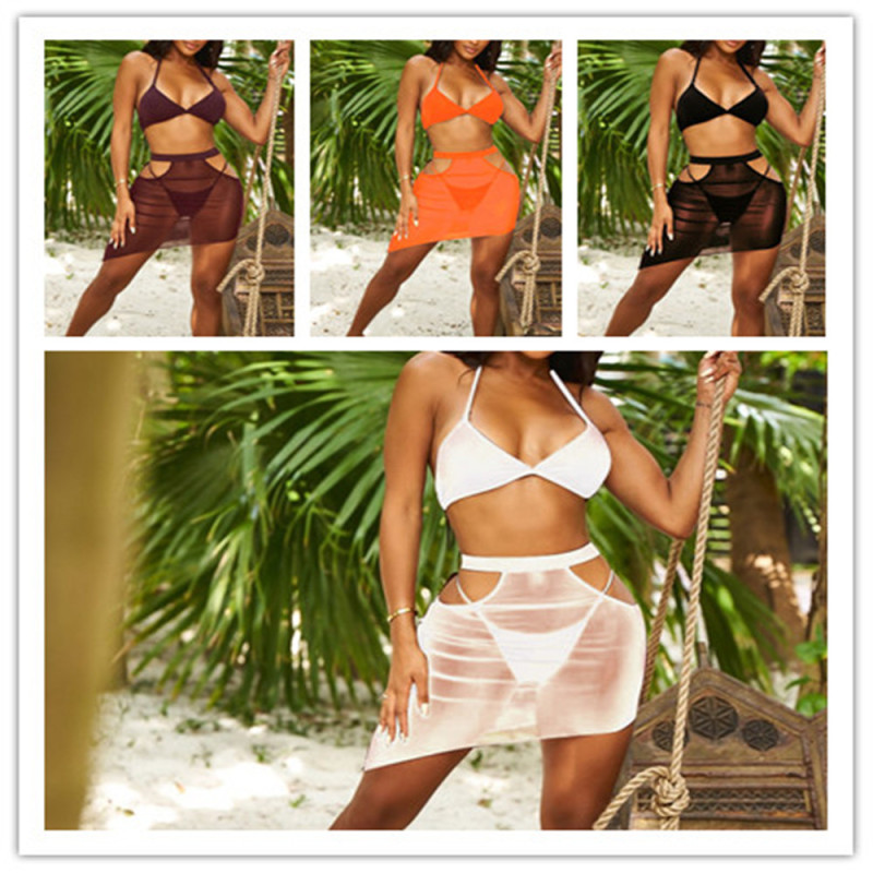 Women Sexy Transparent Mesh Swimsuit Three-Piece Set