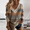 Women Casual Geometry Printing V-Neck Loose Long-Sleeved Pullover Knitted Sweater