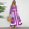 Ramadan /Eid Women Vintage Stripe Print Long Sleeve V-Neck Maxi Dress