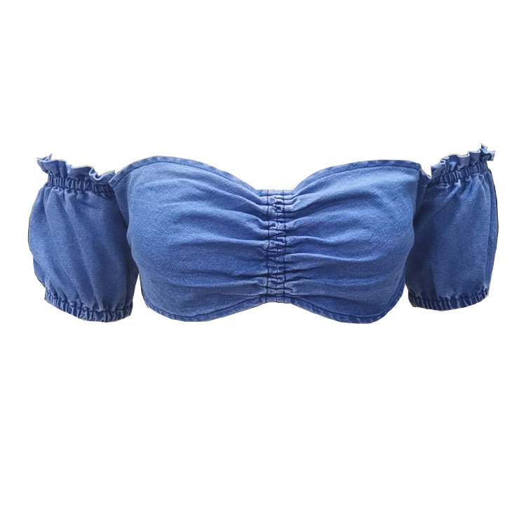 Women Fashion Sexy Ruffled Off-Shoulder Denim Top