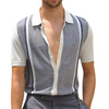 Men Casual Simple Lapel Knitted Striped Contrast Color Short-Sleeved Fit Polo Shirt