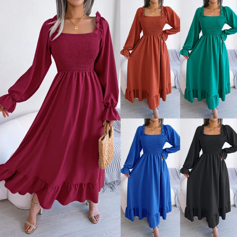 Ramadan /Eid Women Fashion Casual Square Collar Large Ruffled Maxi Dress