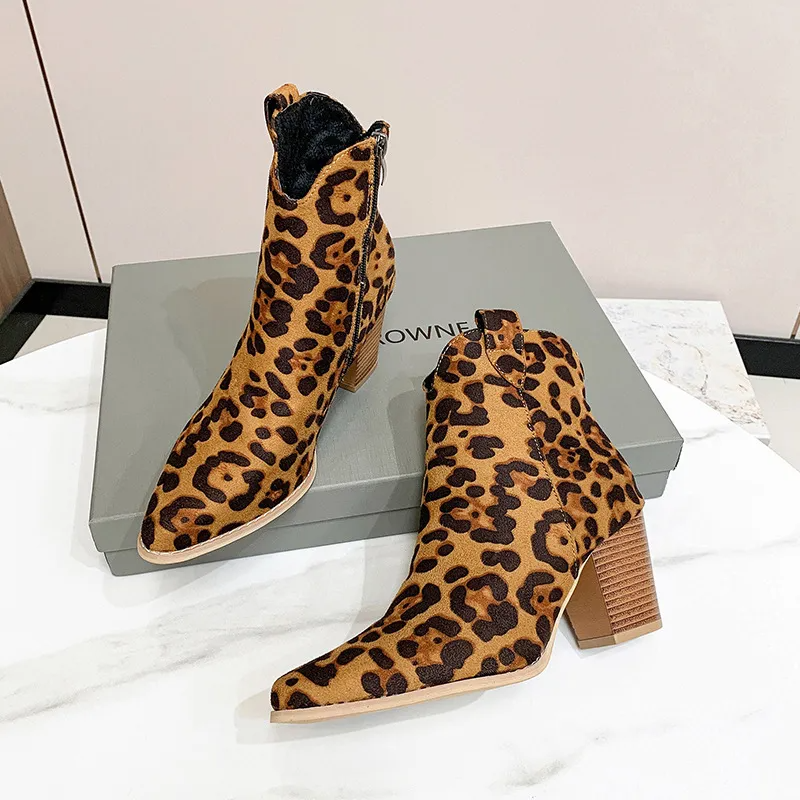 Women Fashion Plus Size Leopard Print Pointed Toe Chunky Heel Short Boots