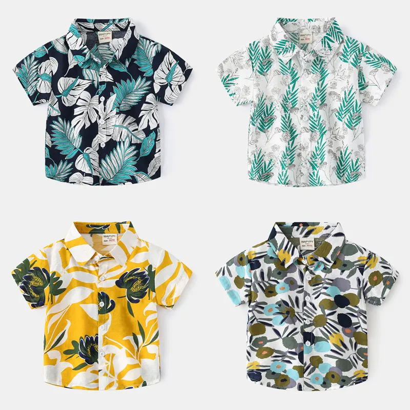 Children Kids Toddlers Fashion Boys Floral Leaves Pritn Short Sleeve Vacation Shirt