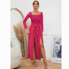 Women Elegant Solid Color Lace Patchwork Long-Sleeved Off-The-Shoulder Belted Side-Slit Jumpsuits