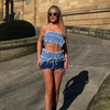 Fashion Women Sexy Street Style Raw Hem Denim Tube Top And Skirt Set