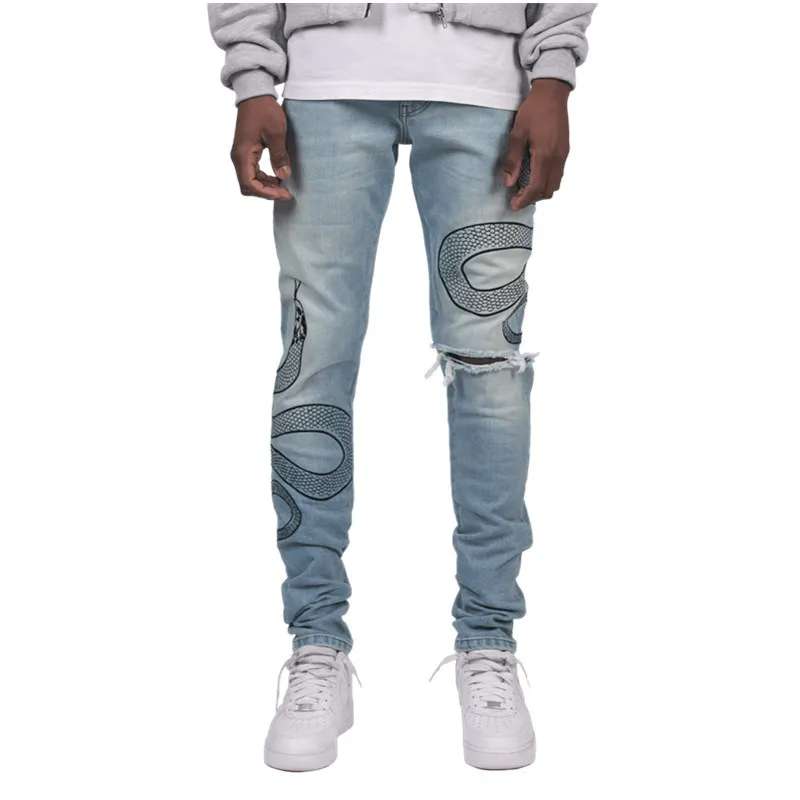 Men'S Personalized Embroidered Jeans Casual Elastic Small Feet Slim Fit Men'S Trousers