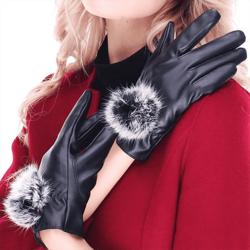 (Buy 1 Get 1) Women Fashion Pompom Design PU Gloves