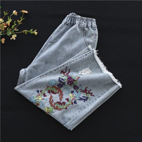 Women'S Fashion Retro Embroidered Raw Edge Ripped Loose Jeans