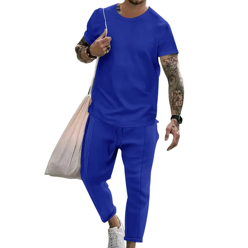 Men Casual Round Neck Short-Sleeved Solid Color T-Shirt And Trousers Two-Piece Set