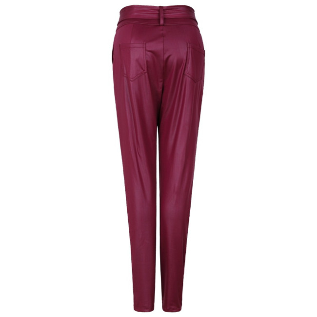 Women Fashion Solid Color High Waist Sash PU Pants