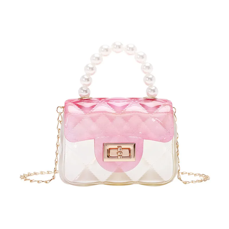 Kids Girls Cute Candy Color Transparent Gradient Pearl Decor Small Square Metal Chain Handle Crossbody Bag