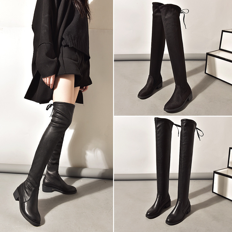 Women Fashion Plus Size Solid Color Over-The-Knee Fleece Flat Stretch Leather Boots