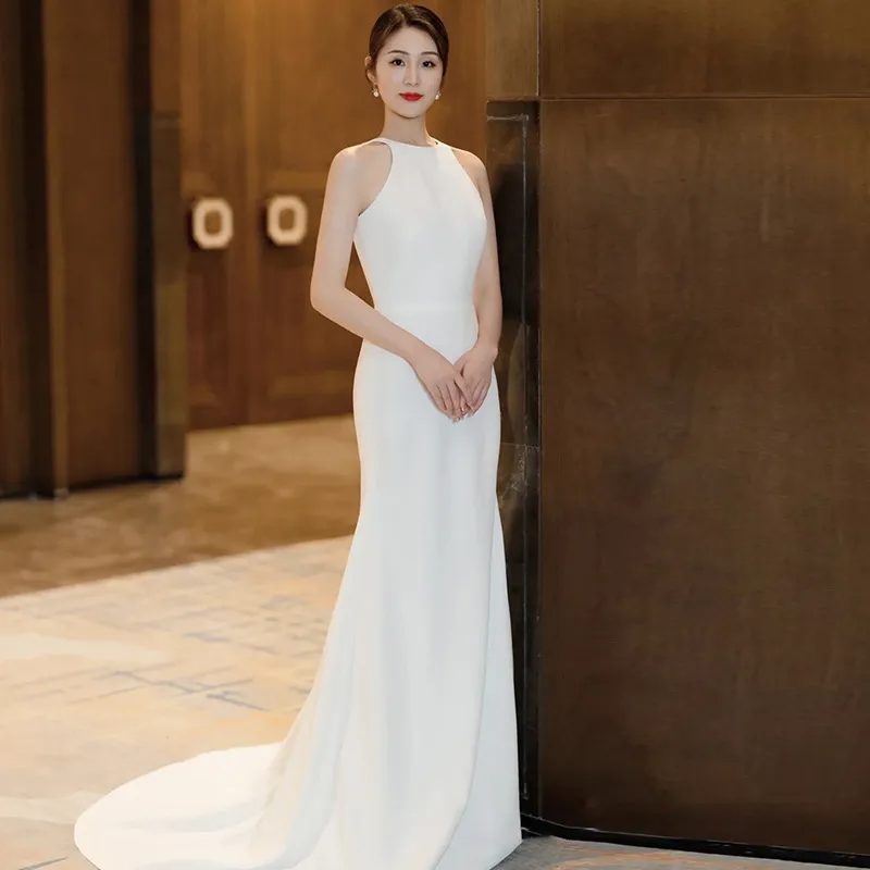 Women Satin Simple Hepburn Style Sleeveless Slim Wedding Party Fishtail Dress