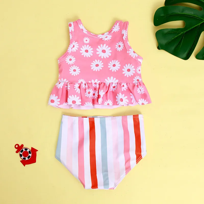 Children Kids Baby Fashion Girls Cute Daisy Flower Print Split Swimsuit 2pcs Set