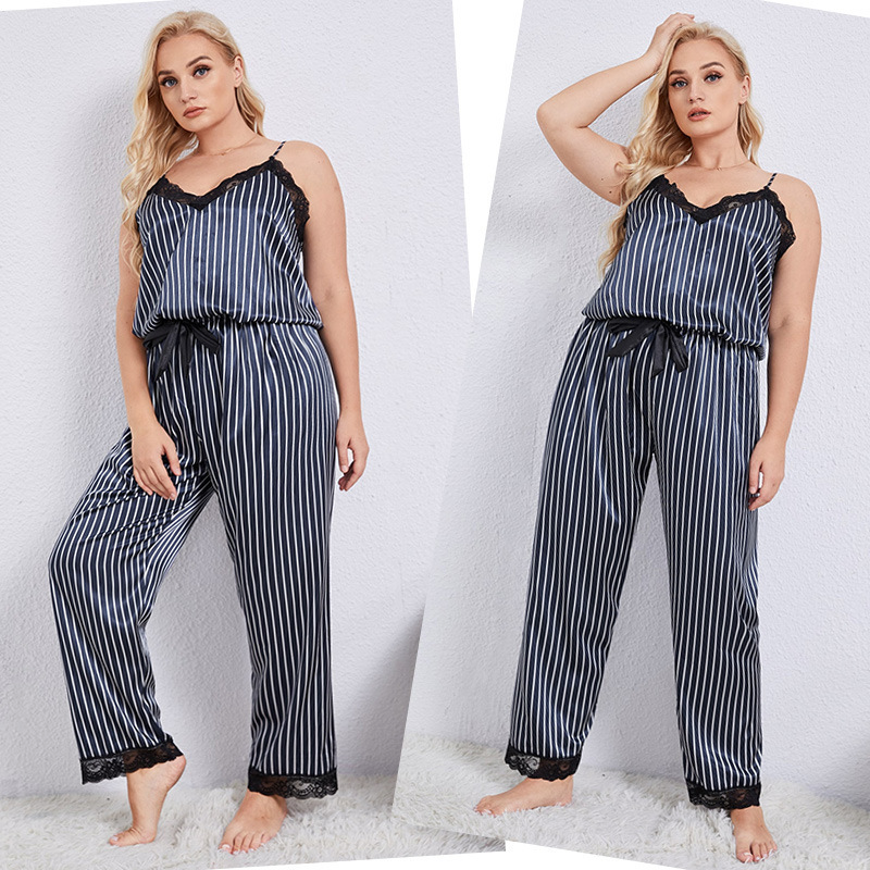 Plus Size Women Cozy Striped Lace Satin Loungewear Pajamas