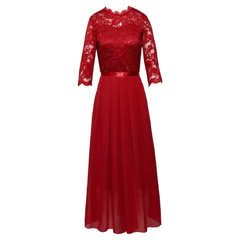 Women Stitching Chiffon Evening Dress Round Neck Long Sleeve Maxi Dress