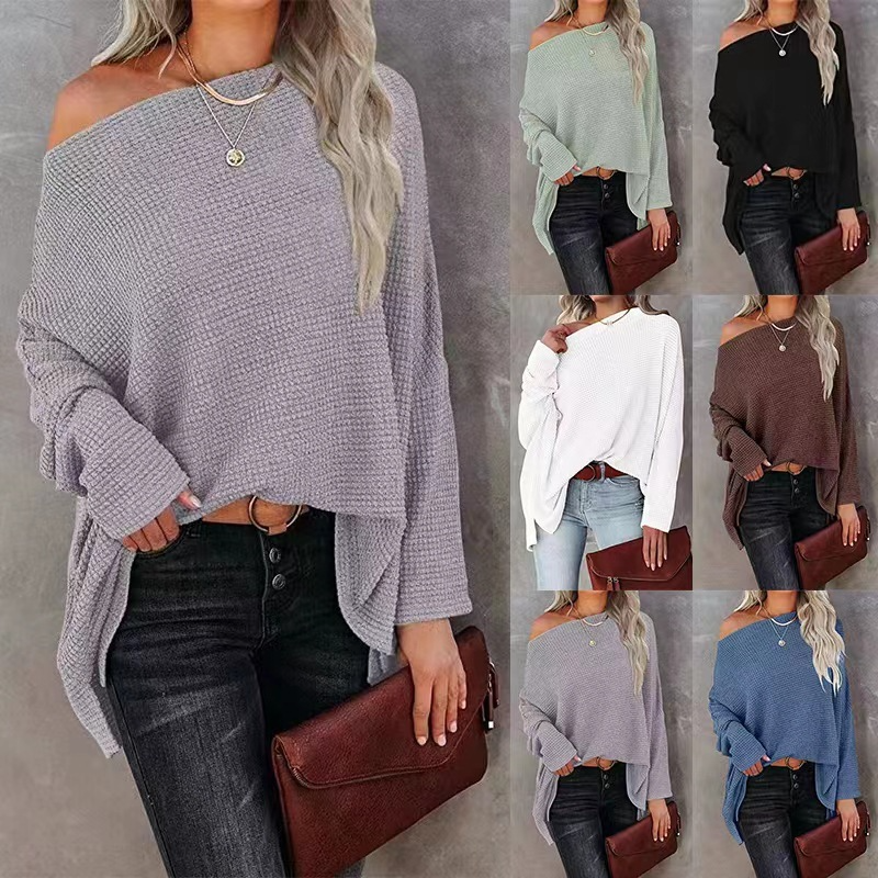 Women'S Casual Off Shoulder Dolman Long Sleeve Waffle Knit Oversized Pullover Tops