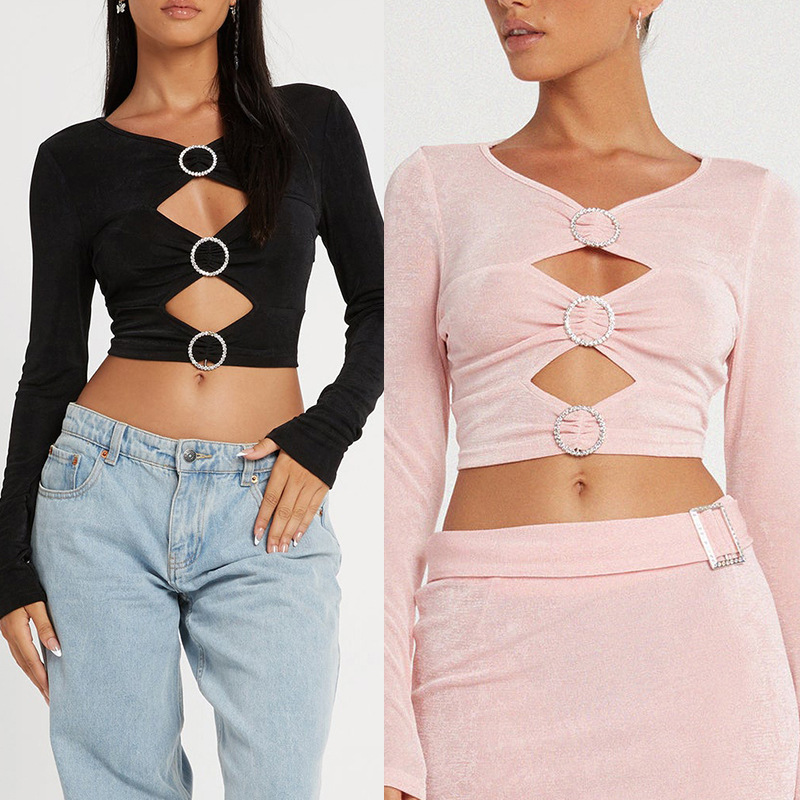 Women Fashion Sexy Solid Color Hollow Metal Buckle Design Long Sleeve Crop Top