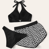 Women Fashion Solid Color Wavy Pattern Sexy Halter Neck Tether Backless Swimsuit Three-Piece Set