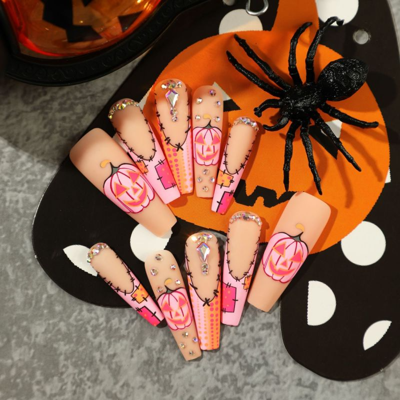 ( Buy 1 Get 1 ) Women Fashion Halloween Frosted Pink Pumpkin Rhinestone Polka Dot Wearable False Nails