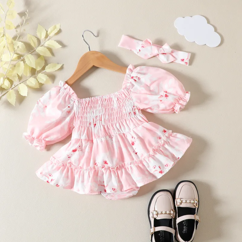 (Buy 1 Get 2) Newborn Baby Girl Cute Sweet Floral Shoulder Ruffled One-Piece Dress