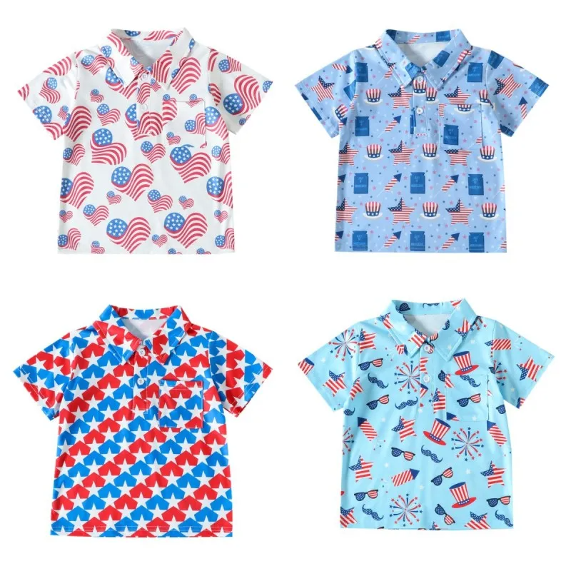 Children Kids Baby Fashion Boys Short Sleeve Star Print Shirt Independence Day Flag