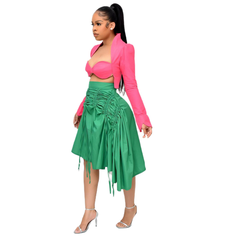 Women'S Fashion Solid Color Drawstring Creased Irregular Skirt