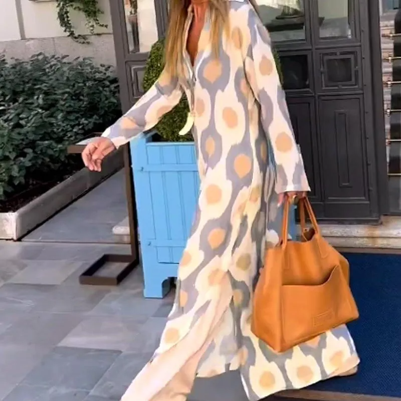 Ramadan /Eid Women Casual Boho Style Geometry Print Long Sleeve V Neck Loose Maxi Dress