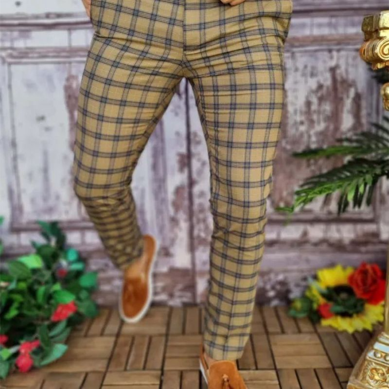 Men Basic Mid-Waist Plaid Printed Color Blocking Straight Suit Pants