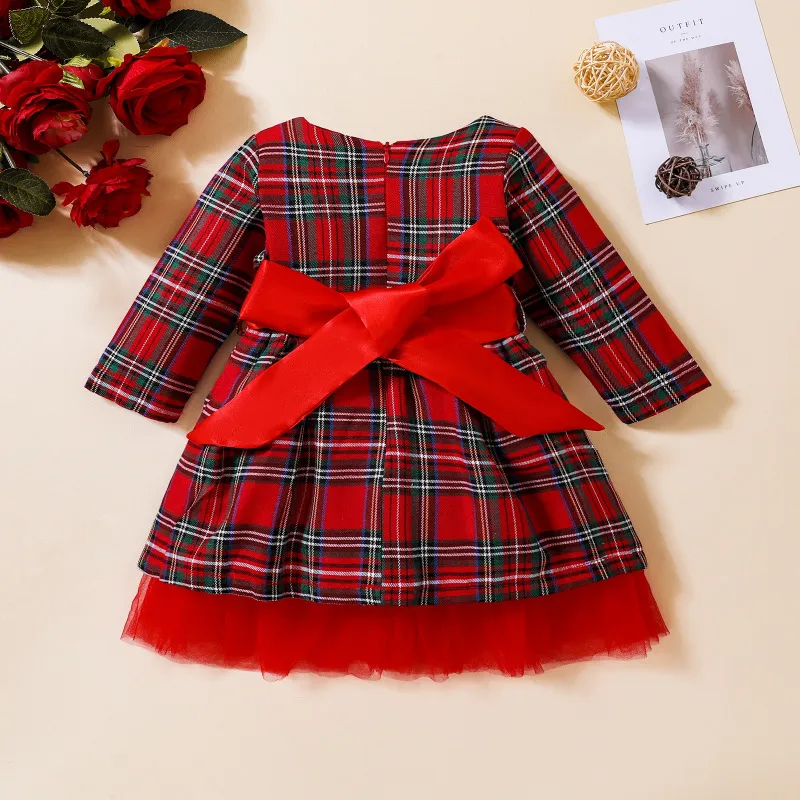 Kids Toddler Girls Fashion Casual Christmas Red Plaid Round Neck Long Sleeve Mesh Dress