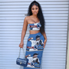 Women'S Fashion Graphic Print One-Shoulder Backless Sexy Slim Crop Top Back Slit Skirt Two-Piece Sets