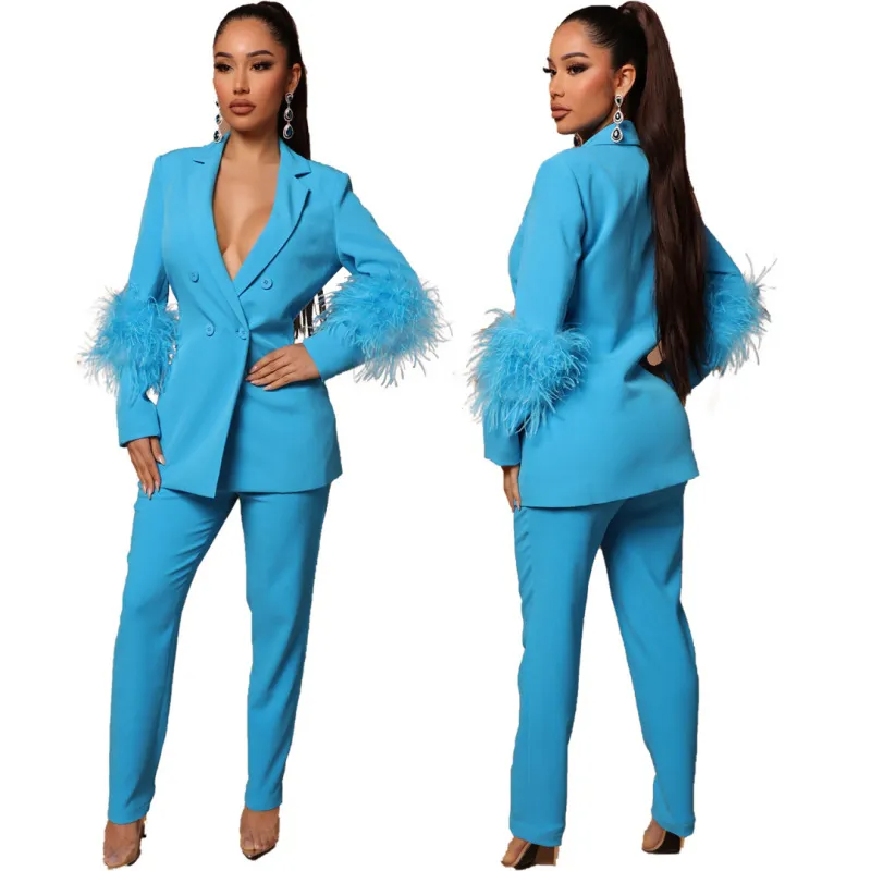 Women Fashion Casual Solid Color Feather Cuff V-Neck Coat Slim-Fit Pants 2pcs Blazer