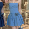 Women'S Fashion Sexy Boat Neck Tube Denim Pleated Skirt