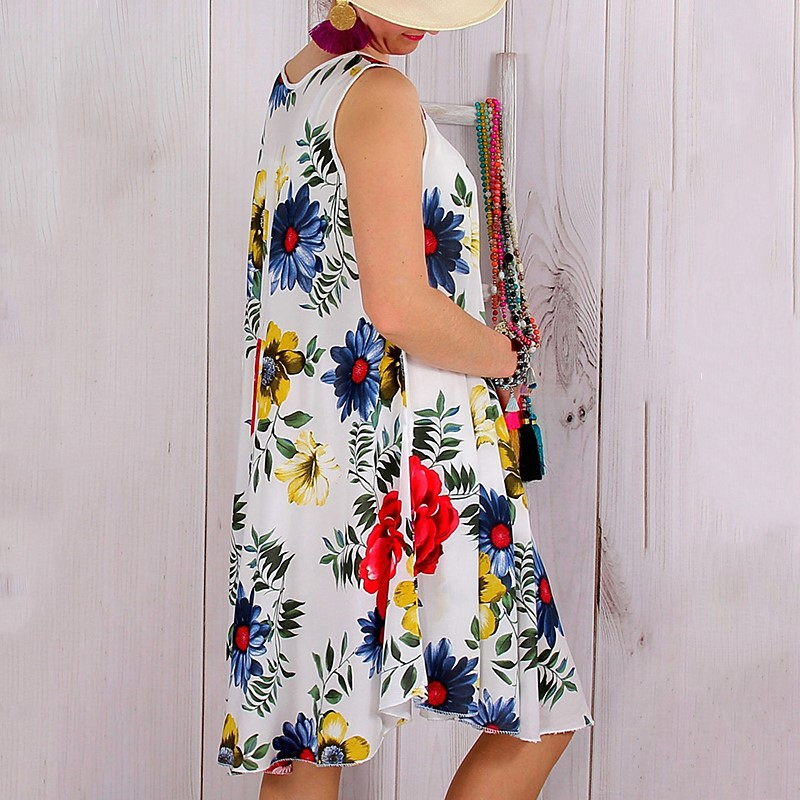 Round Neckline Sleeveless Floral Print Loose Casual Dress