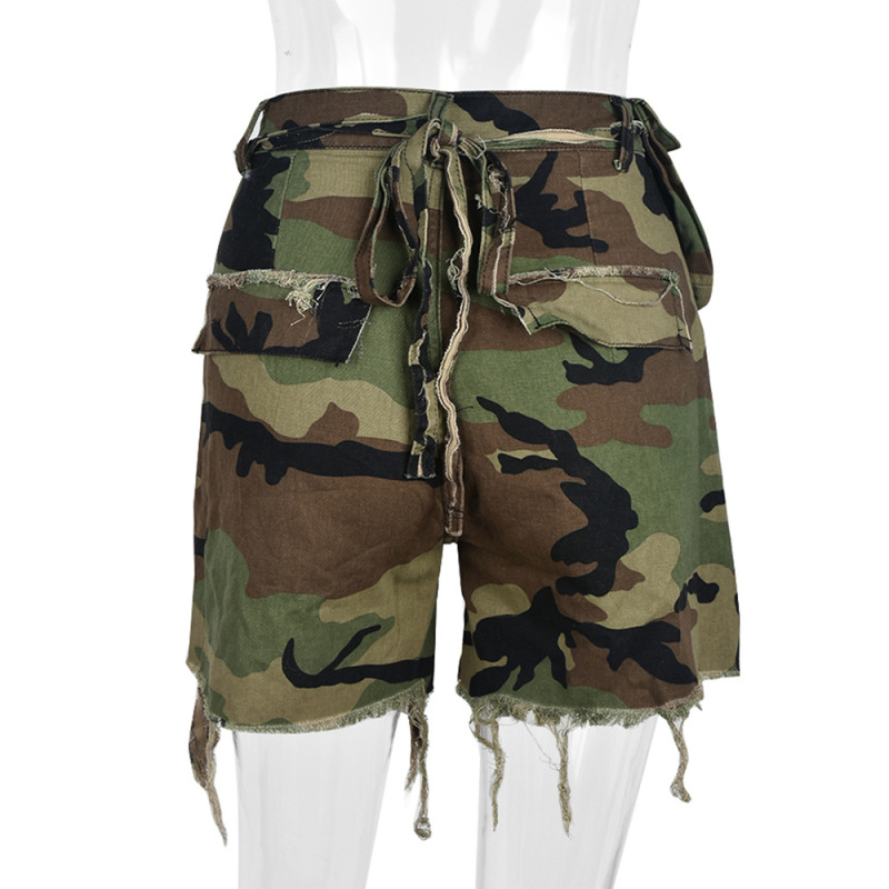 Women'S Casual Sexy Tassel Camouflage Printing Pocket Low Waist Shorts