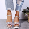 Women Fashion Simple Rhinestone Flower Wedge Heel Thick-Soled Sandals