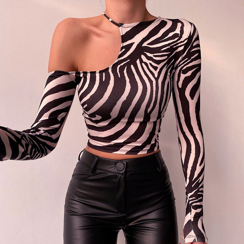 Women Round Neck Pullover Zebra Printed Long-Sleeved Cool-Shoulder Crop Top