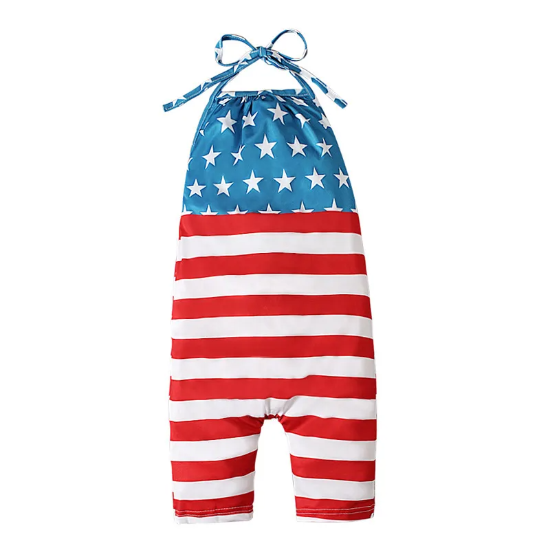 Toddlers Newborn Baby Fashion Girls Casual Basics Sleeveless Independence Day Star Flag Print Jumpsuit