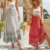 Women'S Casual Bohemian Pattern Single-Breasted Drawstring Waist Side Slit Pastoral Retro Holiday Big Swing Skirt