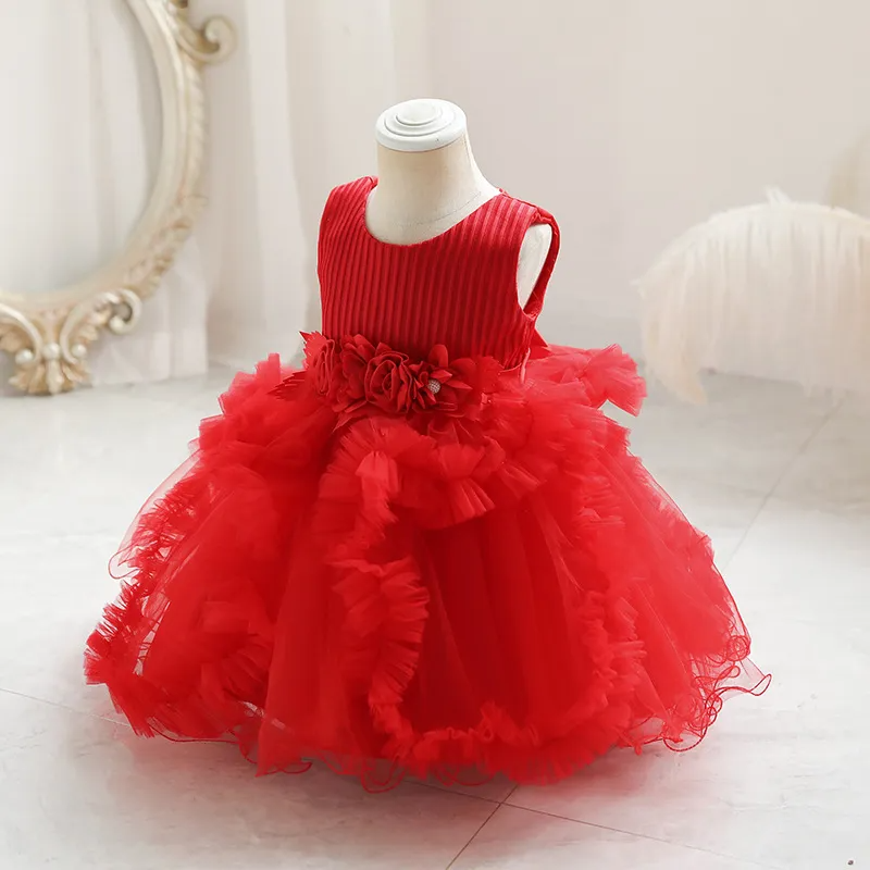 (Buy 1 Get 1) Kids Baby Girls Summer Fashion Party Cute Sweet Solid Color Floral Pleated Sleeveless Mesh Party Tutu Dress