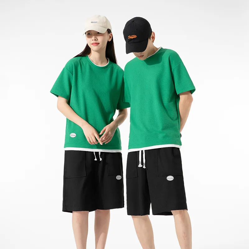 Unisex Fashion Waffle Round Neck Short Sleeve Oversized Loose T-Shirt And Shorts Two-Piece Set