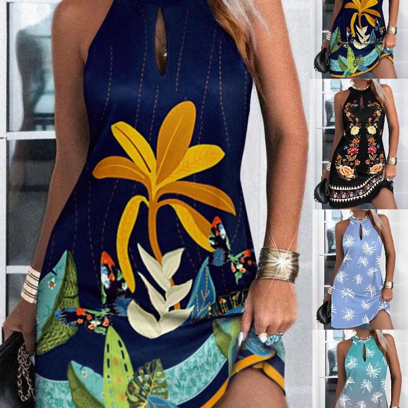 Women Fashion Casual Floral Printed Boho Halter Neck Sleeveless Dress