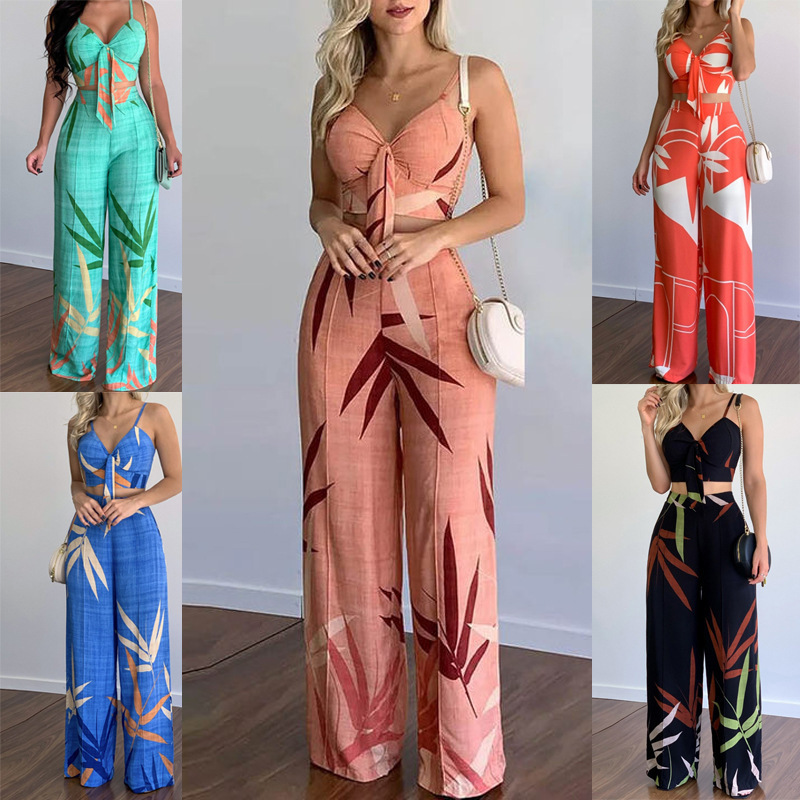 Fashion Women Sexy Summer Vacation Leaf Print Camis High Waist Wide Leg Pants Casual Set