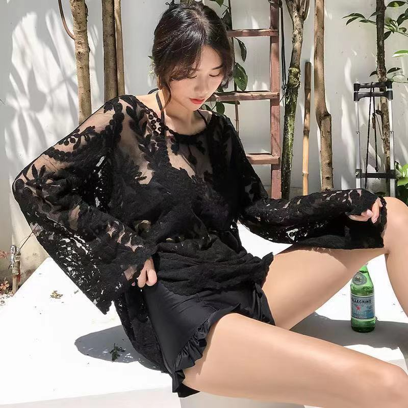 Women Summer Vacation Long Sleeve Lace Mesh Loose Hollow Cover-Ups