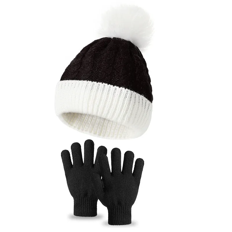 (Buy 1 Get 1) Kids Casual Cute Christmas Fur Ball Color Matching Knitwear Gloves Hat Sets