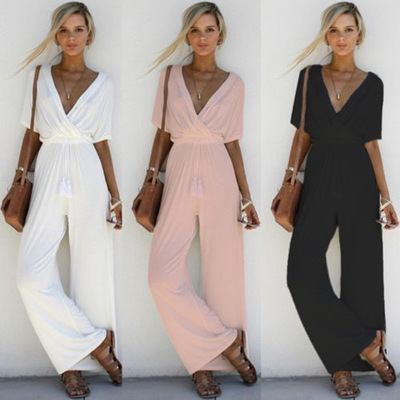 Women Solid Color Short Sleeve V Neck Loose Casual Wide Leg Jumpsuit