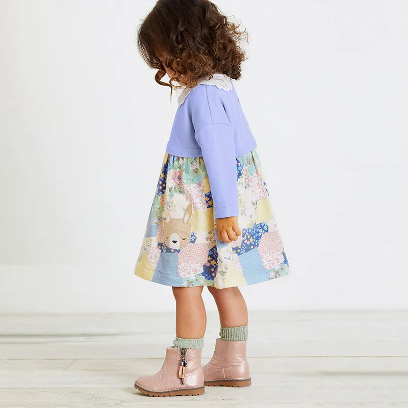 Kids Toddler Big Girls Spring Autumn Fashion Casual Cute Solid Color Tiny Flower Ruffled Long Sleeve Dress