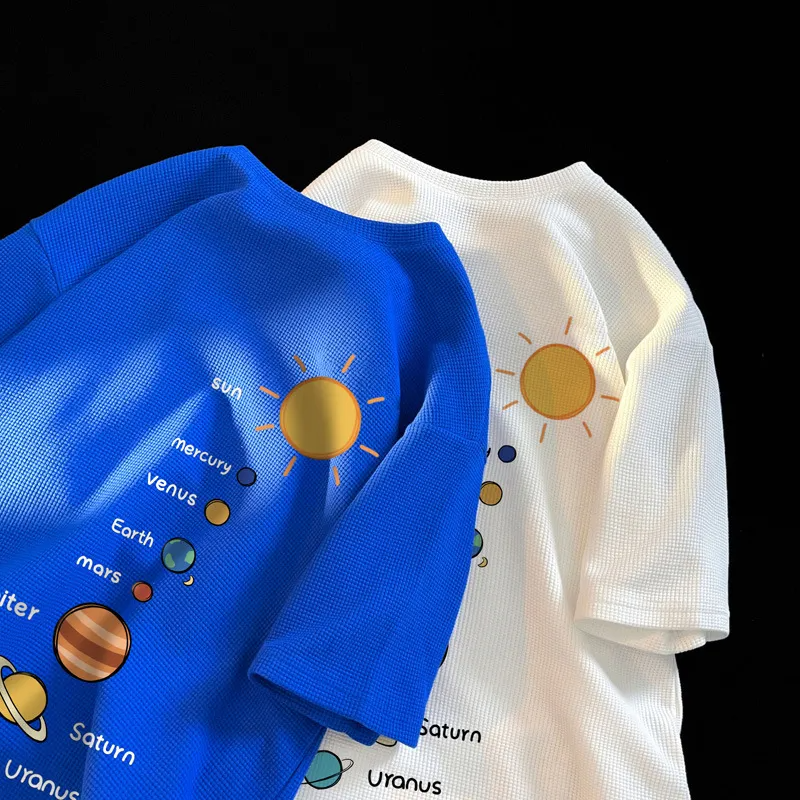 Men Fashion Casual Base Planet Letter Wafflick Short Sleeve Crewneck Loose T-Shirt